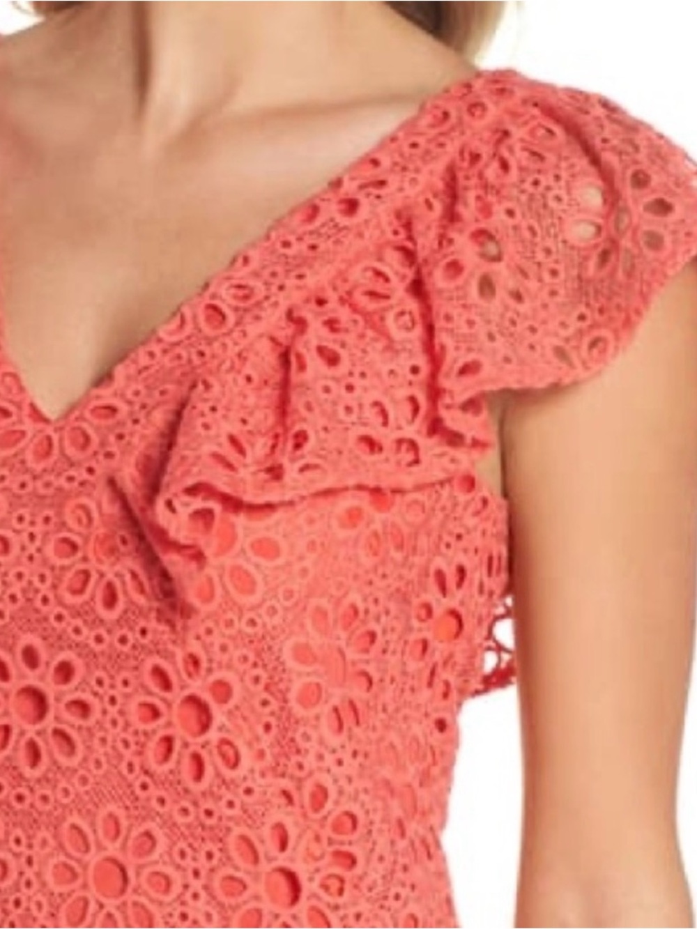 Trina Turk Neriah Coral Eyelet Ruffle Sleeve Cocktail Dress Size 10 - Picture 4 of 9